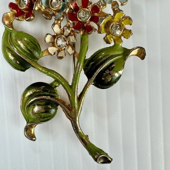 Vintage Figural Enameled Rhinestone Flower Bouquet Brooch Pin Floral - Picture 5 of 7